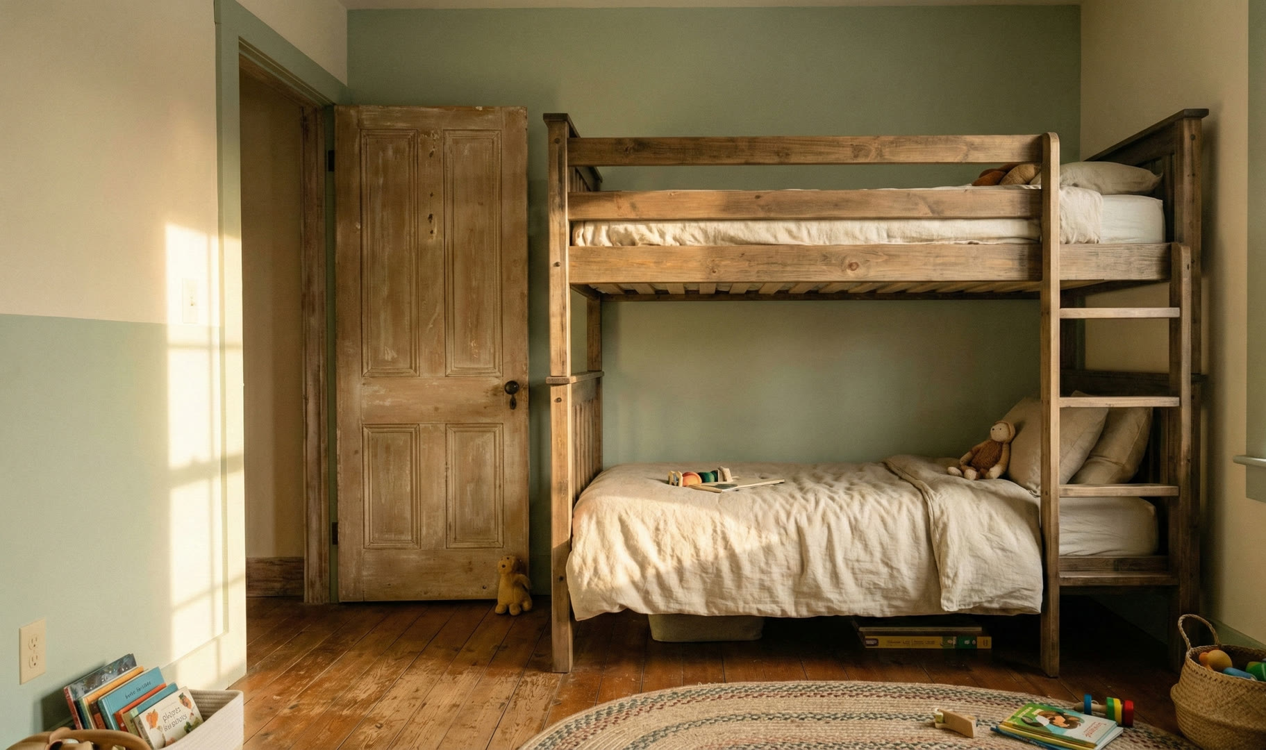 Pokój dla rodzeństwa w małym metrażu, łóżko z drewna sosnowego i wydzielone miejsce dla niemowlęcia